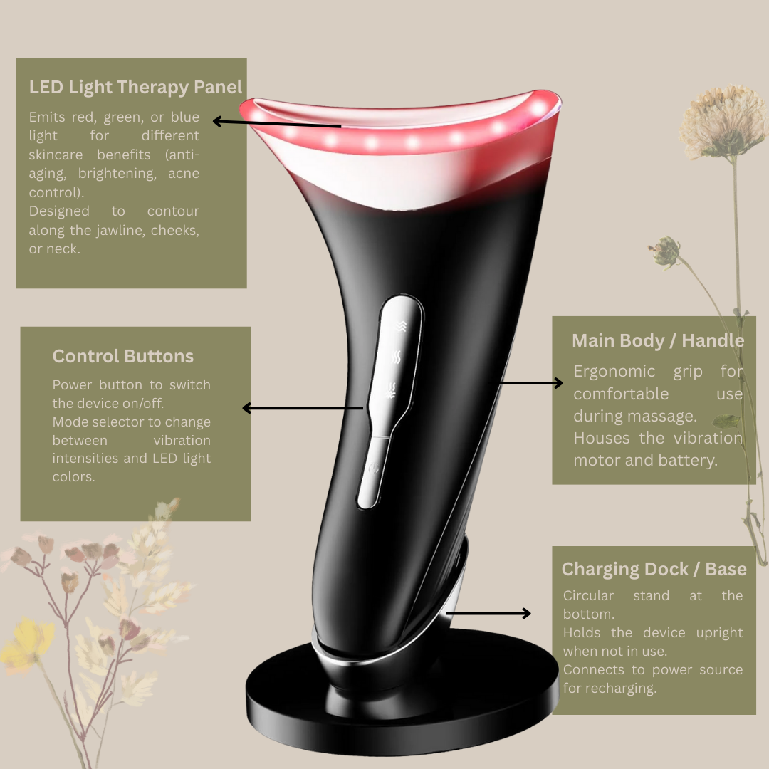 Electric Face Massager with Charging Dock – 3 LED Light Colours & 3 Modes | Rechargeable Sculpting Tool for Jawline, Neck & Facial Care with Bonus Gua Sha Stone
