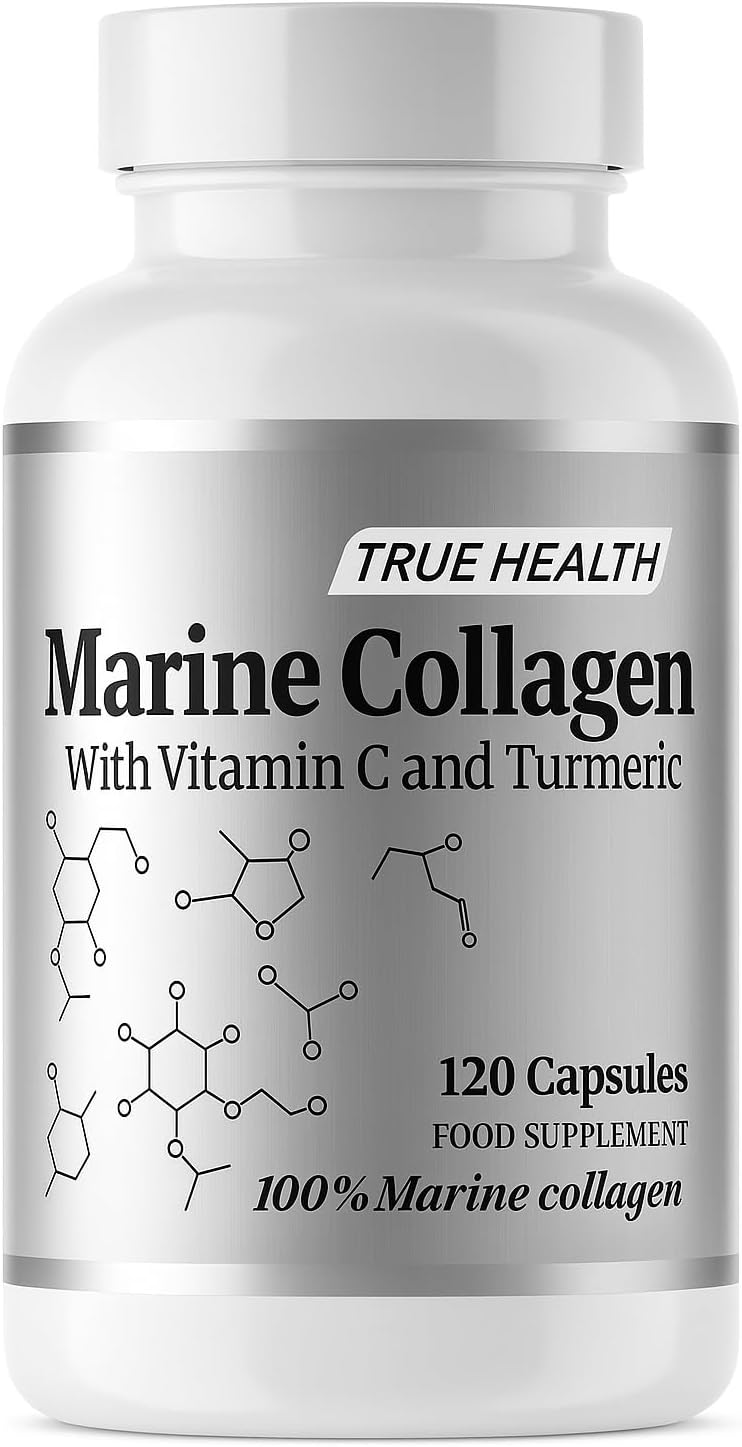 True Health Marine Collagen, 120 Capsules with Vitamin C & Turmeric, High Strength Marine Collagen Supplement