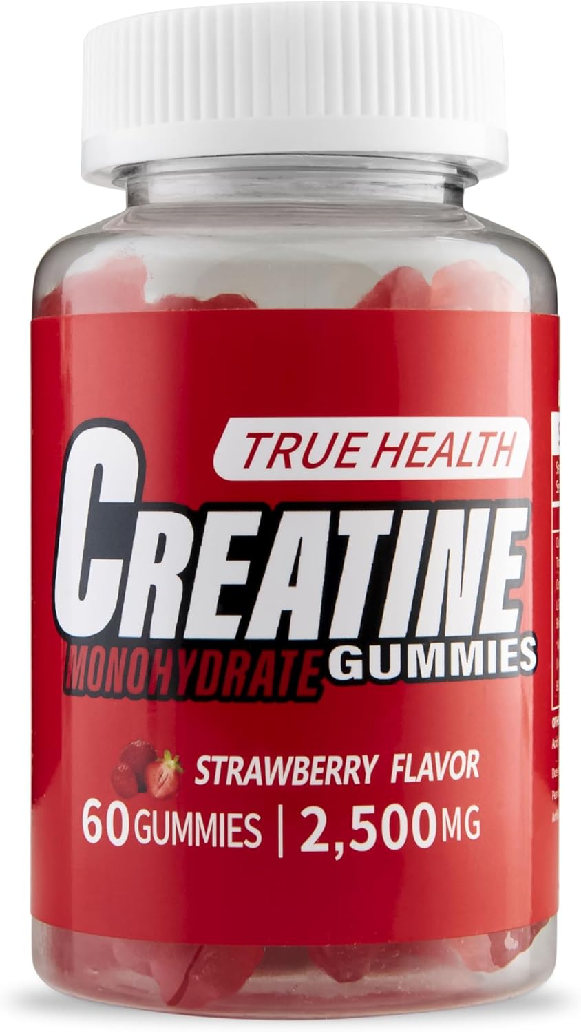 True Health Creatine Monohydrate Gummies - Vegan Muscle Recovery Supplement, Strawberry Flavor, 60 Count - Easy & Tasty Post-Workout Boost