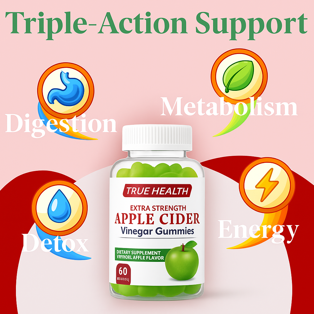 True Health Apple Cider Vinegar Gummies 1000mg – Vegan ACV Supplement for Digestion, Detox & Metabolism Support | Natural Apple Flavor, 60 Gummies