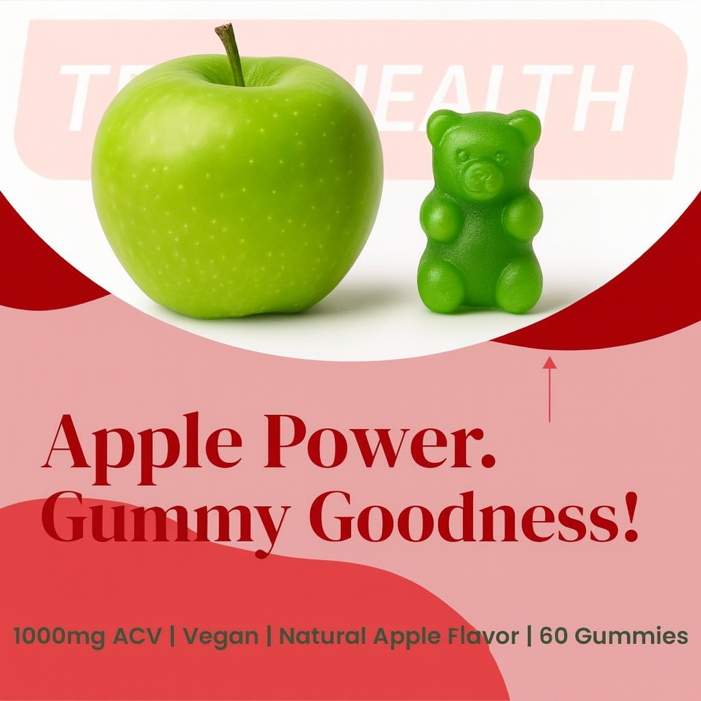 True Health Apple Cider Vinegar Gummies 1000mg – Vegan ACV Supplement for Digestion, Detox & Metabolism Support | Natural Apple Flavor, 60 Gummies