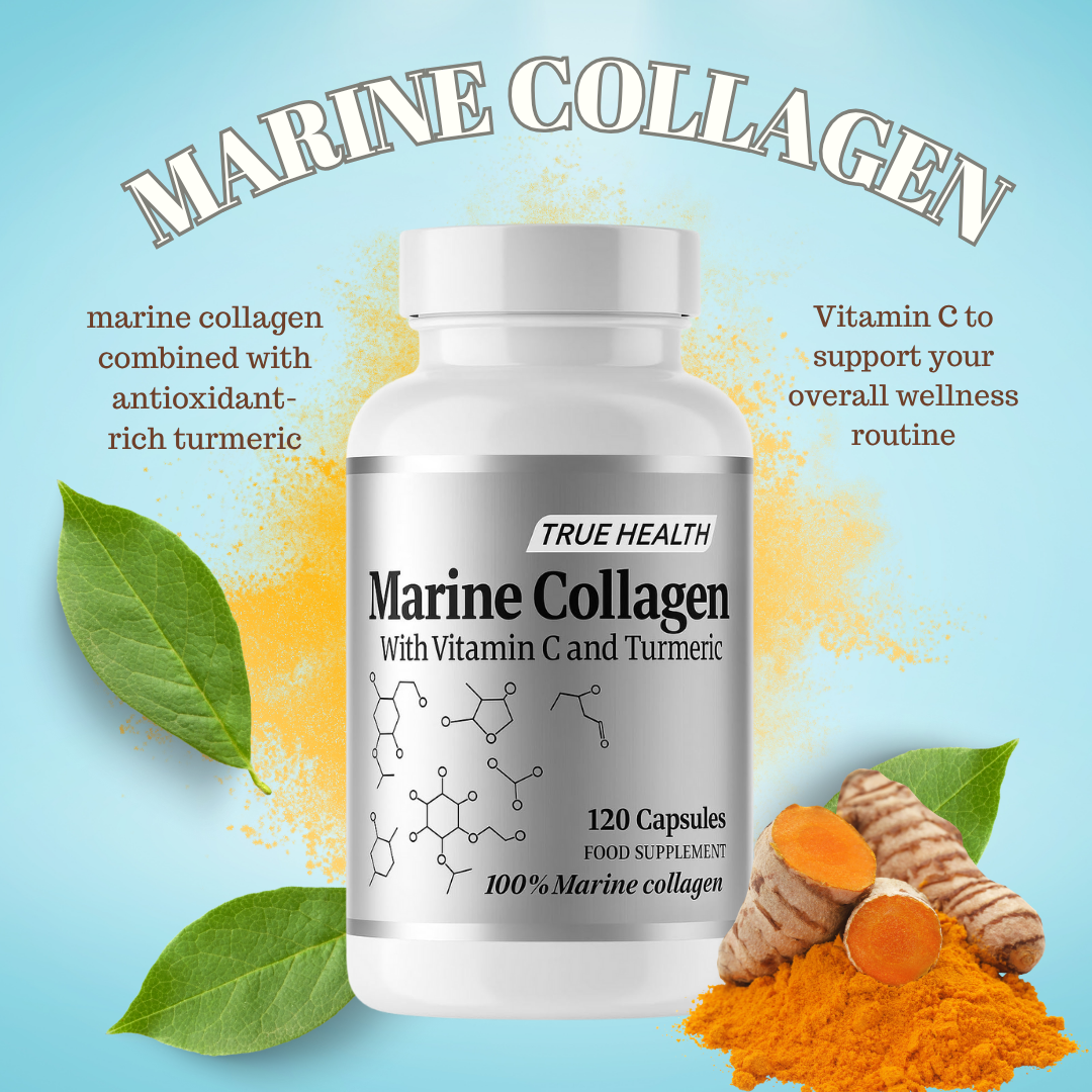 True Health Marine Collagen, 120 Capsules with Vitamin C & Turmeric, High Strength Marine Collagen Supplement