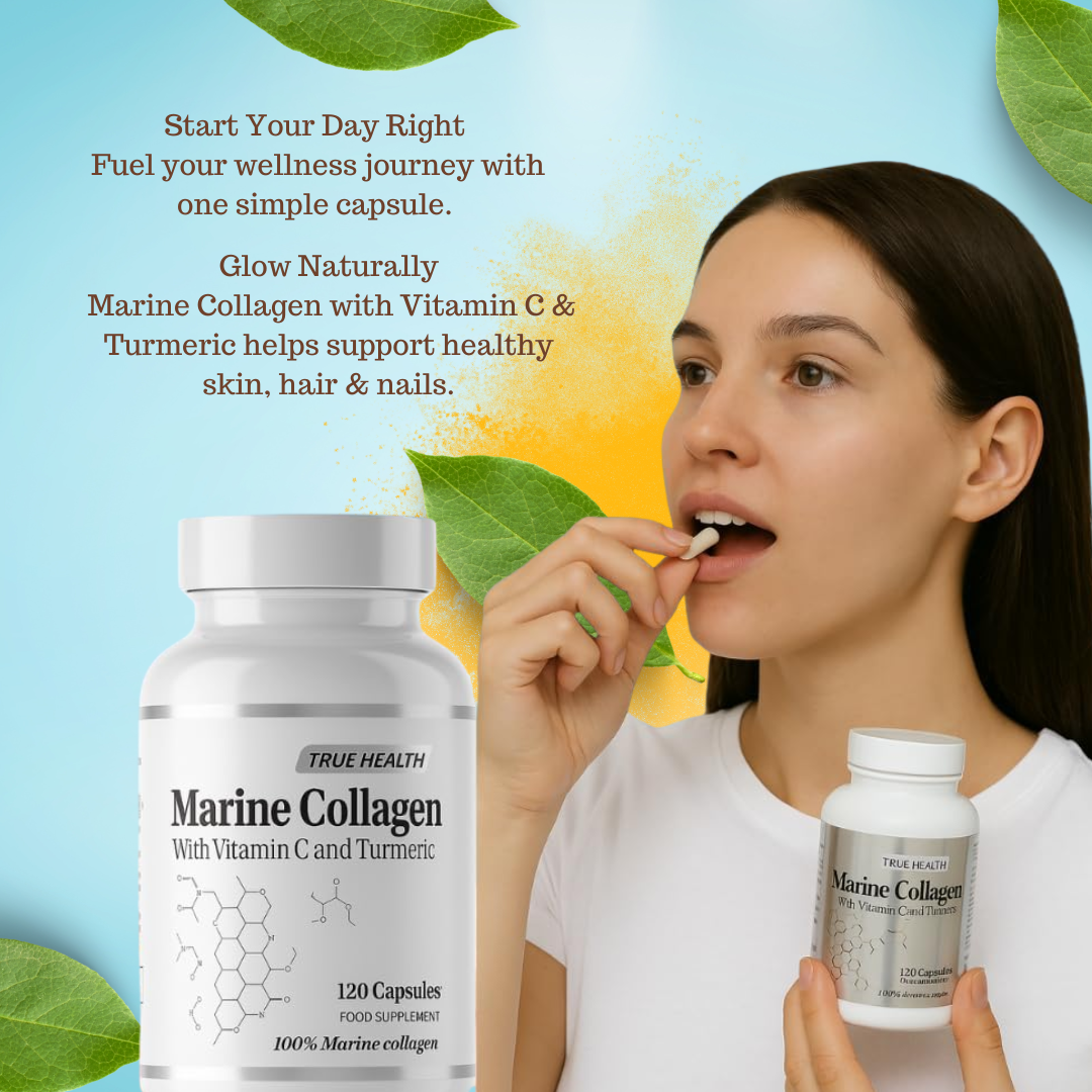 True Health Marine Collagen, 120 Capsules with Vitamin C & Turmeric, High Strength Marine Collagen Supplement