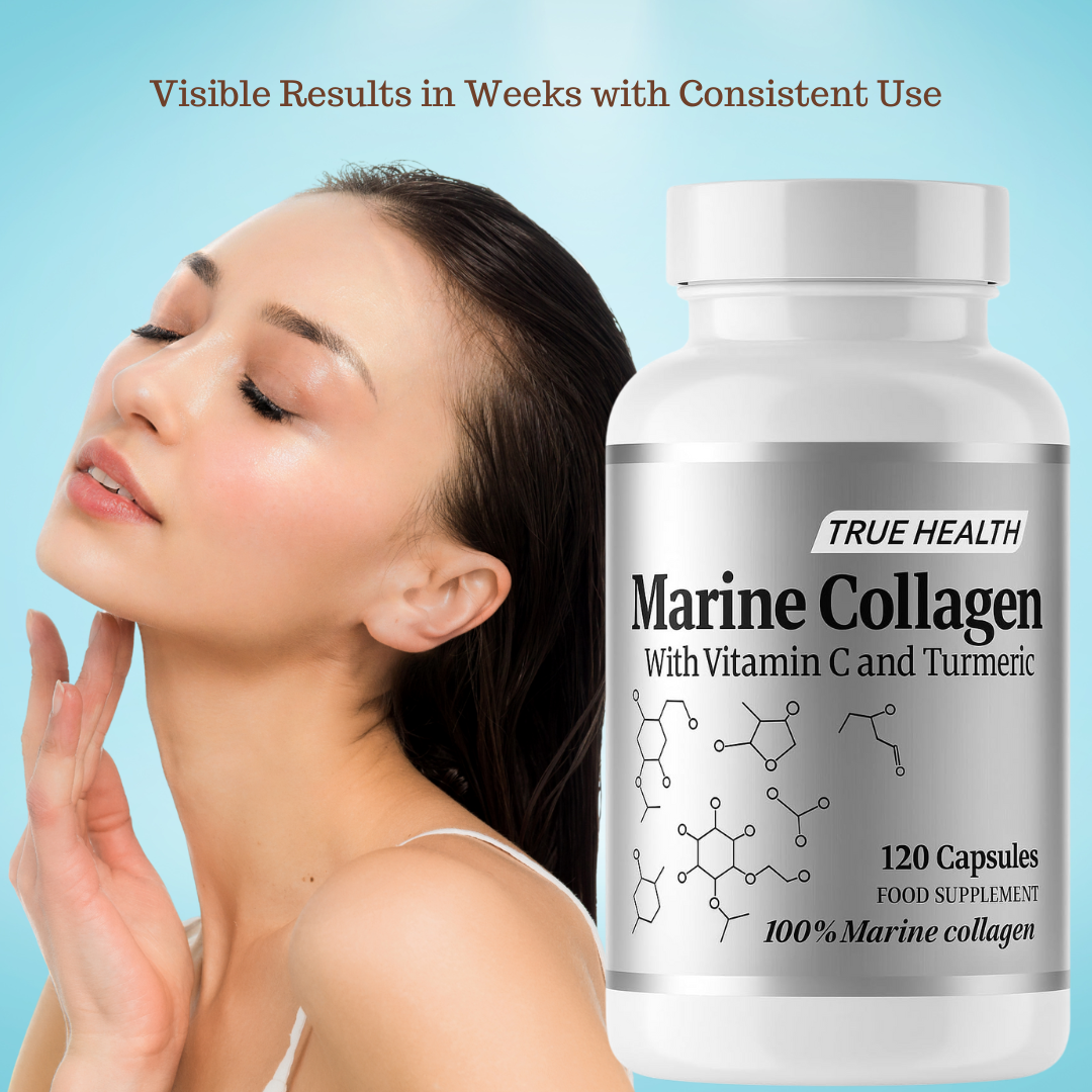 True Health Marine Collagen, 120 Capsules with Vitamin C & Turmeric, High Strength Marine Collagen Supplement