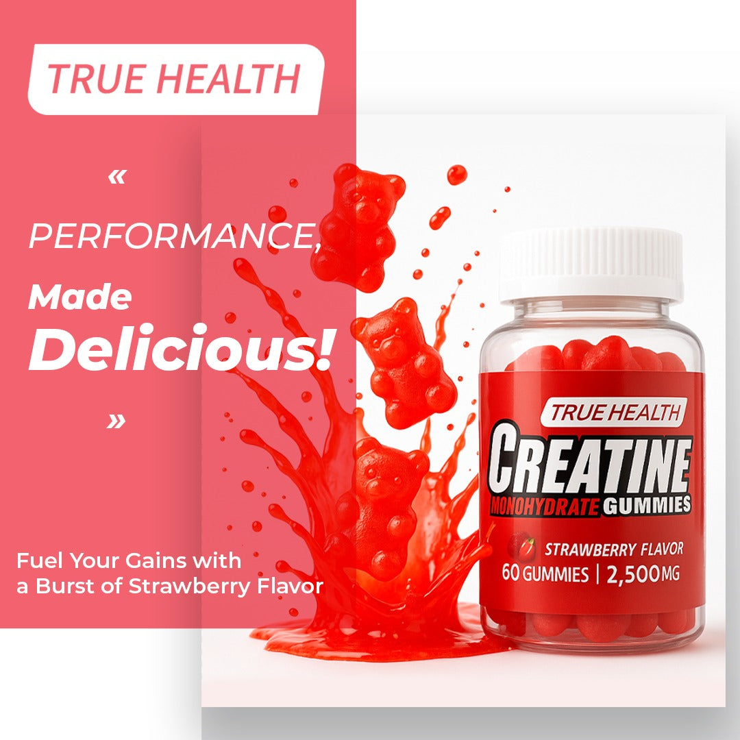 True Health Creatine Monohydrate Gummies - Vegan Muscle Recovery Supplement, Strawberry Flavor, 60 Count - Easy & Tasty Post-Workout Boost
