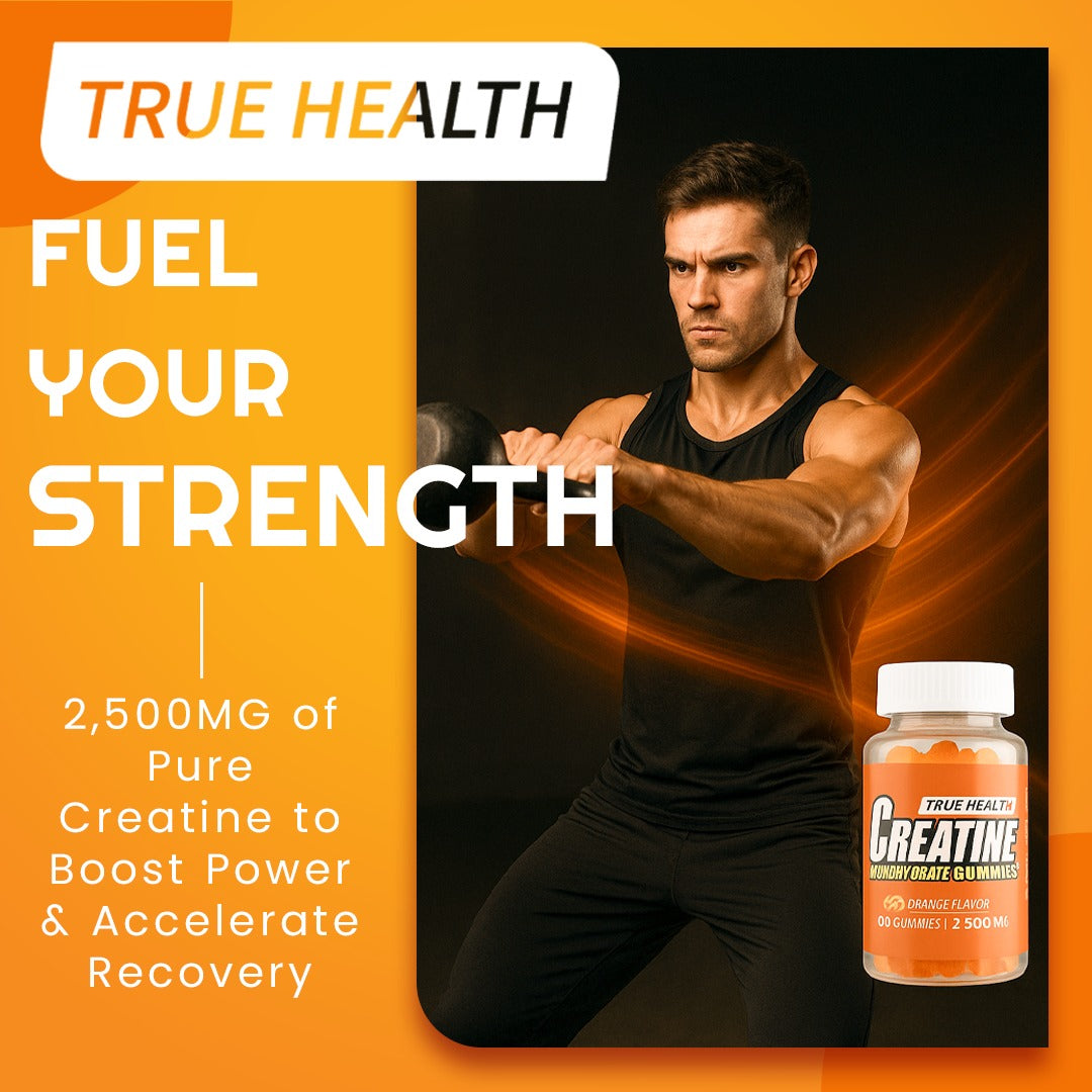 True Health Creatine Monohydrate Gummies - Vegan Muscle Recovery Supplement, Orange Flavor, 60 Count - Easy & Tasty Post-Workout Boost