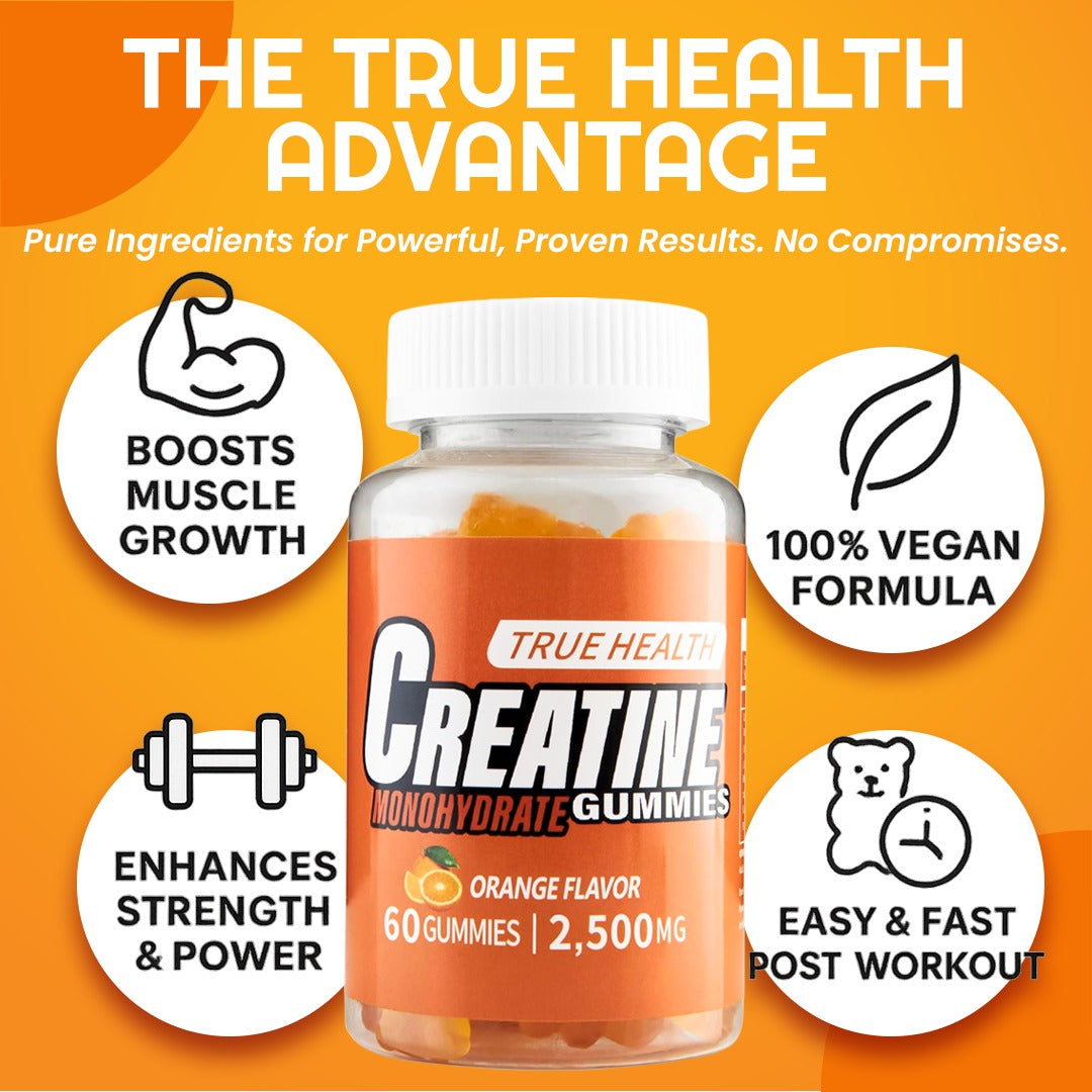 True Health Creatine Monohydrate Gummies - Vegan Muscle Recovery Supplement, Orange Flavor, 60 Count - Easy & Tasty Post-Workout Boost