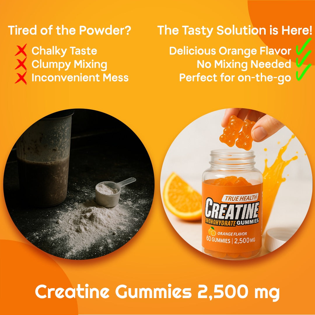 True Health Creatine Monohydrate Gummies - Vegan Muscle Recovery Supplement, Orange Flavor, 60 Count - Easy & Tasty Post-Workout Boost