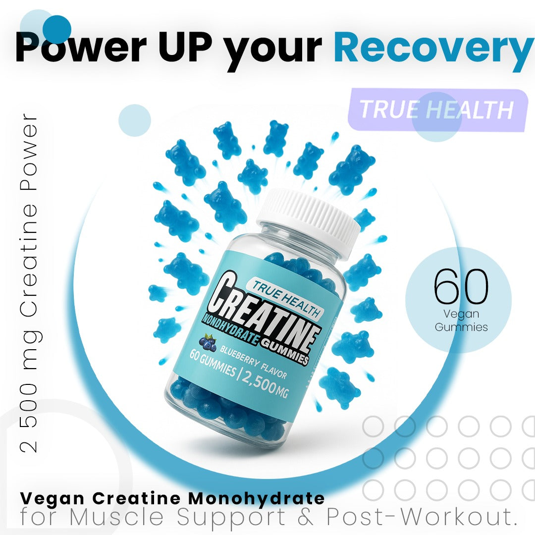 True Health Creatine Monohydrate Gummies - Vegan Muscle Recovery Supplement, Blueberry Flavor, 60 Count - Easy & Tasty Post-Workout Boost