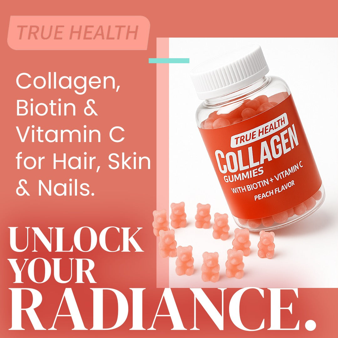 True Health Skin-Firming Collagen Gummies with Vitamin C Sugar Free Anti-Aging Supplement for Hair, Skin & Nails Beauty Support for Youthful Glow, Wrinkle Defense & Hydration Pack of 60 2500mg