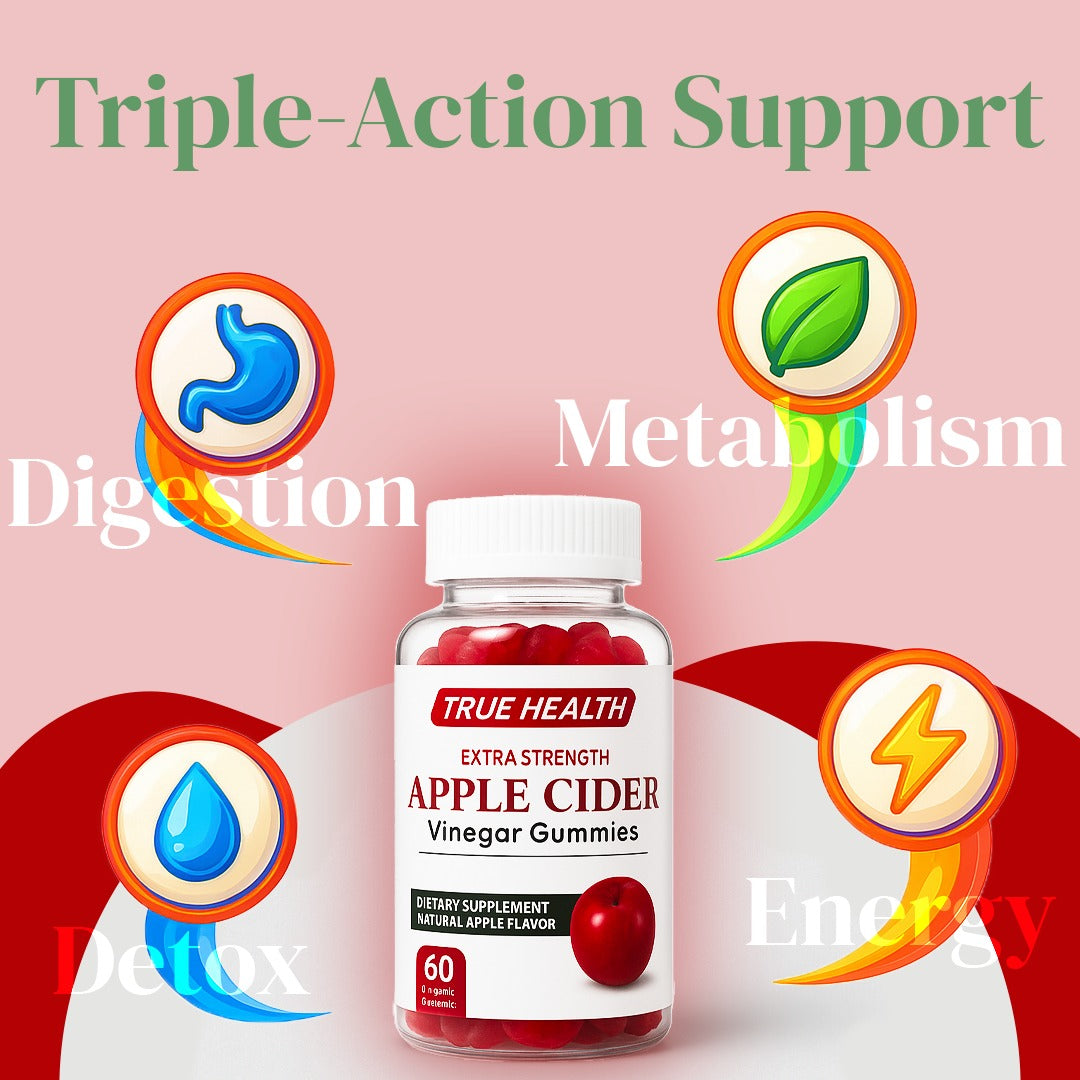 True Health Apple Cider Vinegar Gummies 1000mg - Vegan ACV Supplement for Digestion, Detox, and Metabolism Support