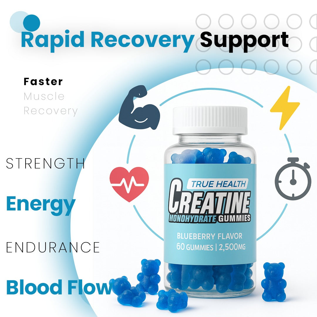 True Health Creatine Monohydrate Gummies - Vegan Muscle Recovery Supplement, Blueberry Flavor, 60 Count - Easy & Tasty Post-Workout Boost