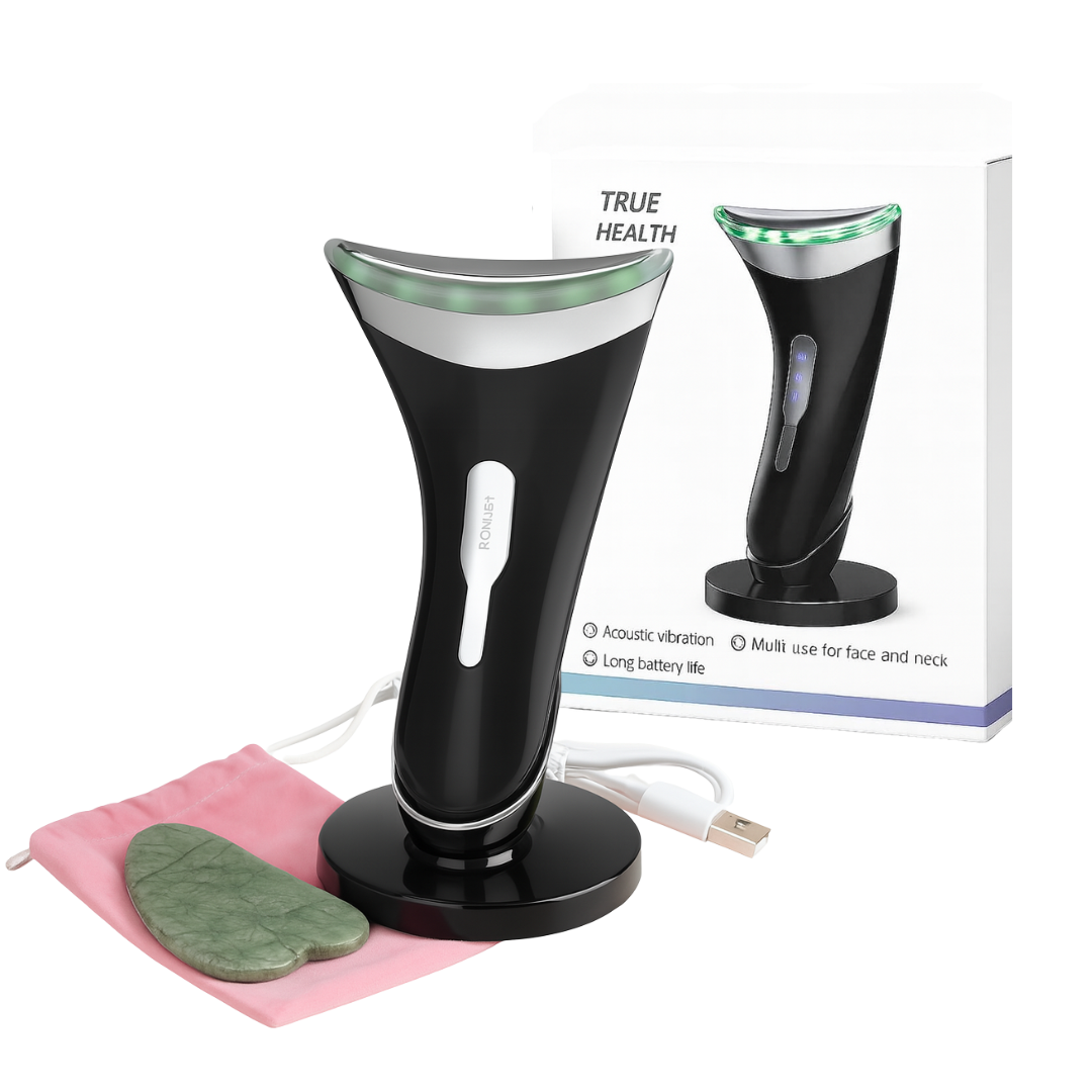 Electric Face Massager with Charging Dock – 3 LED Light Colours & 3 Modes | Rechargeable Sculpting Tool for Jawline, Neck & Facial Care with Bonus Gua Sha Stone