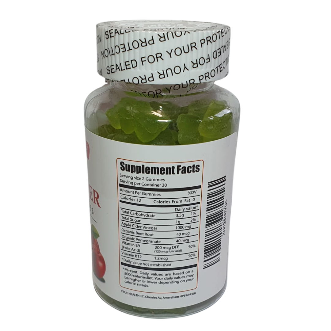 True Health Apple Cider Vinegar Gummies 1000mg – Vegan ACV Supplement for Digestion, Detox & Metabolism Support | Natural Apple Flavor, 60 Gummies