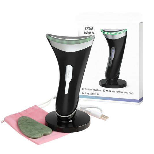 Electric Face Massager with Charging Dock – 3 LED Light Colours & 3 Modes | Rechargeable Sculpting Tool for Jawline, Neck & Facial Care with Bonus Gua Sha Stone